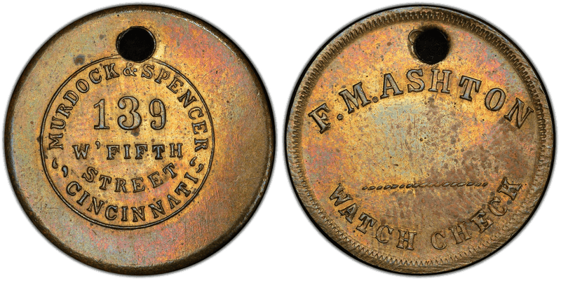 (1861-65) Brass Civil War Store Card F-165D-1b, Holed F.M. Ashton OH
