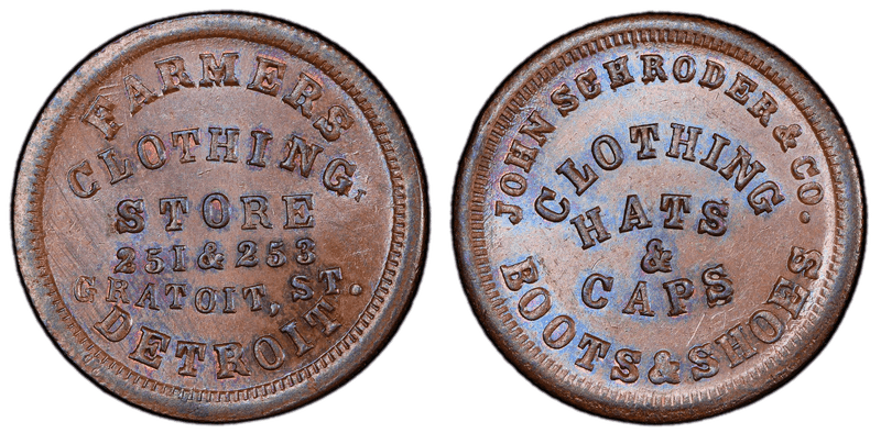 (1861-65) Copper Civil War Store Card F-225BO-4a, John Schroder & Co. MI