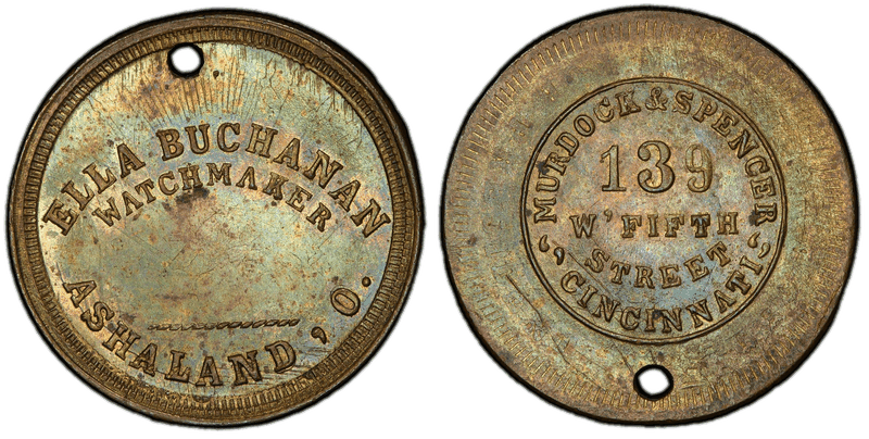 (1861-65) Brass Civil War Store Card F-25A-1bo, Holed Ella Buchanan OH