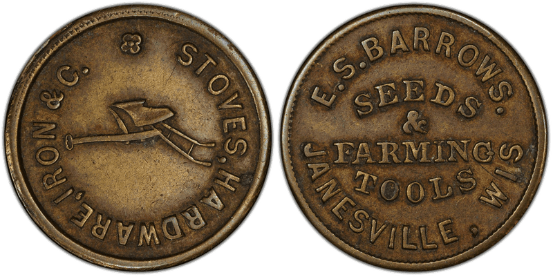 (1861-65) Brass Civil War Store Card F-300A-1b, E.S. Barrows WI