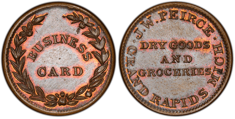 (1861-65) Copper Civil War Store Card F-370H-7a, J.W. Peirce MI