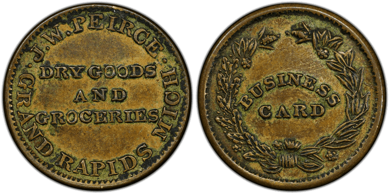 (1861-65) Brass Civil War Store Card F-370H-8b, J.W. Peirce MI