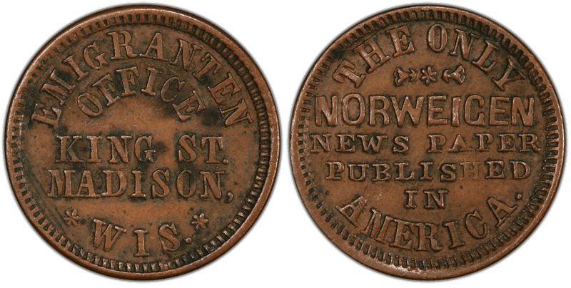 (1861-65) Copper Civil War Store Card F-410B-1a, Emigranten Office WI