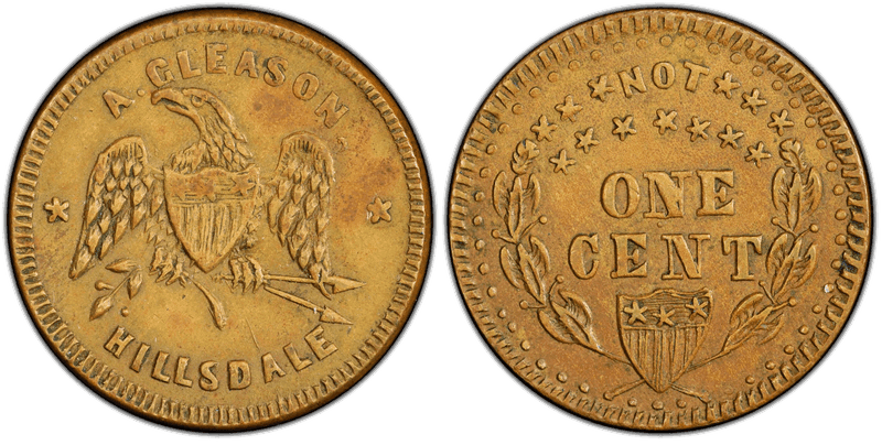 (1861-65) Brass Civil War Store Card F-450G-7b, A. Gleason MI