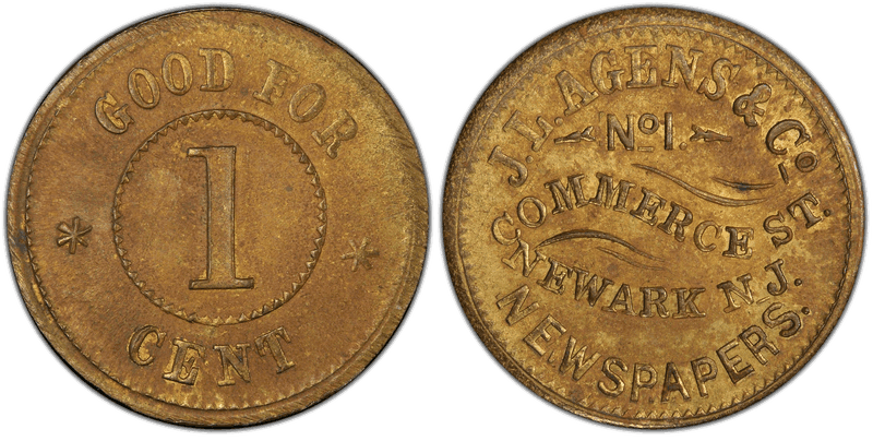 (1861-65) Brass Civil War Store Card F-555A-8b, J.L. Agens & Co. NJ