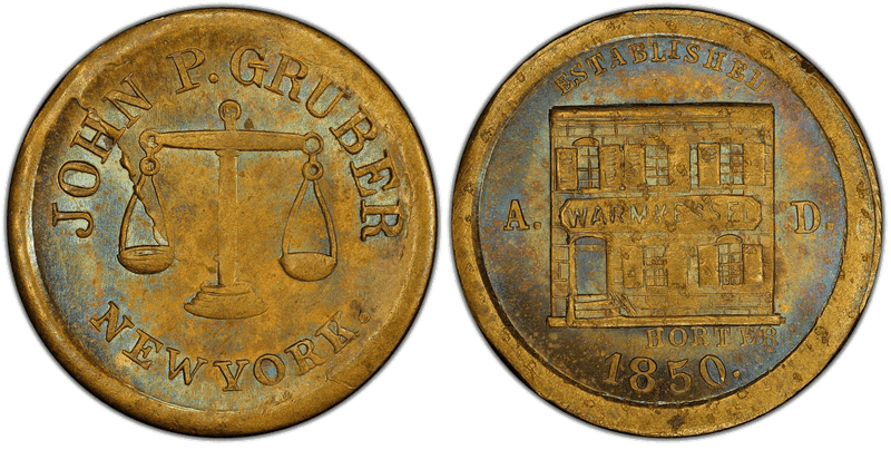 (1861-65) Brass Civil War Store Card F-630AG-2b, John P. Gruber NY
