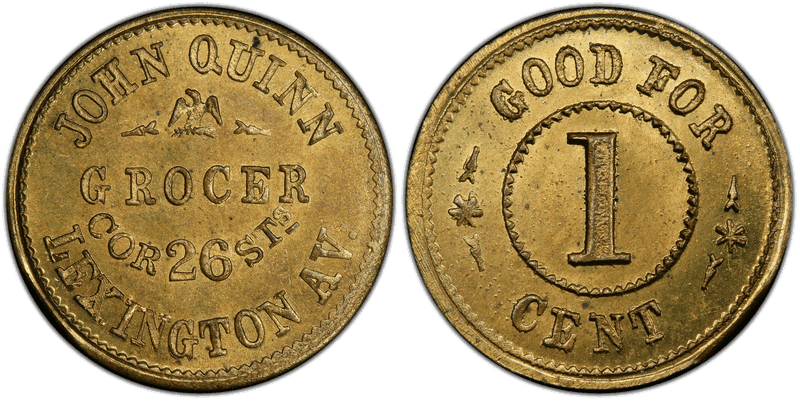 (1861-65) Brass Civil War Store Card F-630BG-7b, John Quinn NY