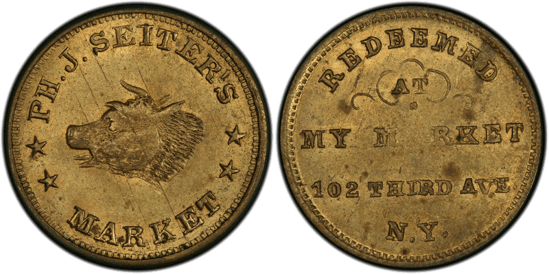 (1861-65) Brass Civil War Store Card F-630BQ-1b, PH.J. Seiter's NY