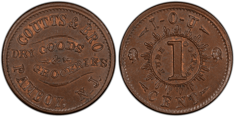 (1861-65) Copper Civil War Store Card F-690A-1a, GW-600, Coutts & Bro. NJ