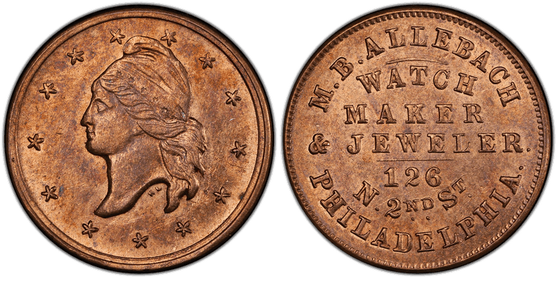 (1861-65) Copper-Nickel Civil War Store Card F-750B-1d, M.B. Allebach PA