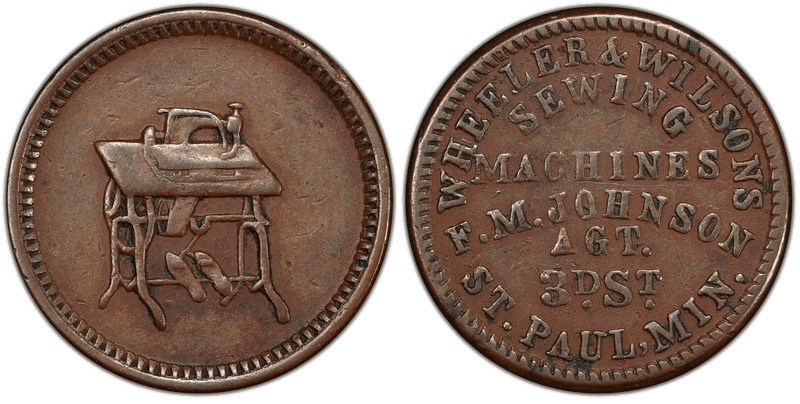 (1861-65) Copper Civil War Store Card F-760B-1a, Wheeler & Wilsons MN