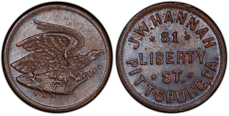 (1861-65) Copper Civil War Store Card F-765H-2a, J.W. Hannah PA