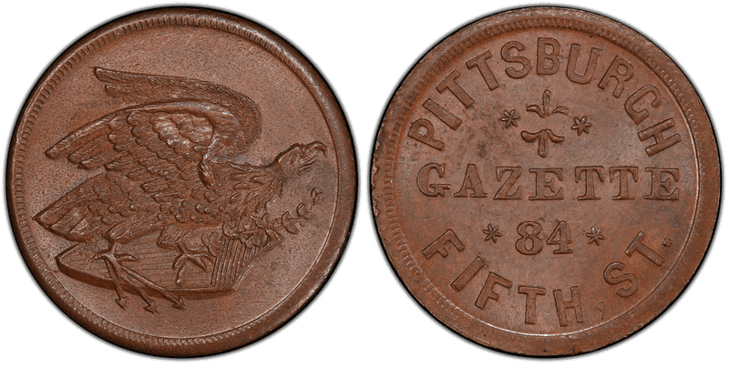 (1861-65) Copper Civil War Store Card F-765S-3a, Pittsburgh Gazette PA