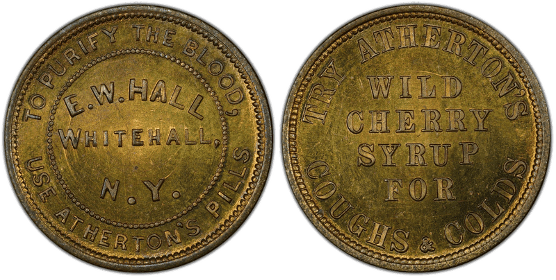 (1861-65) Brass Civil War Store Card F-985A-1b, E.W. Hall NY