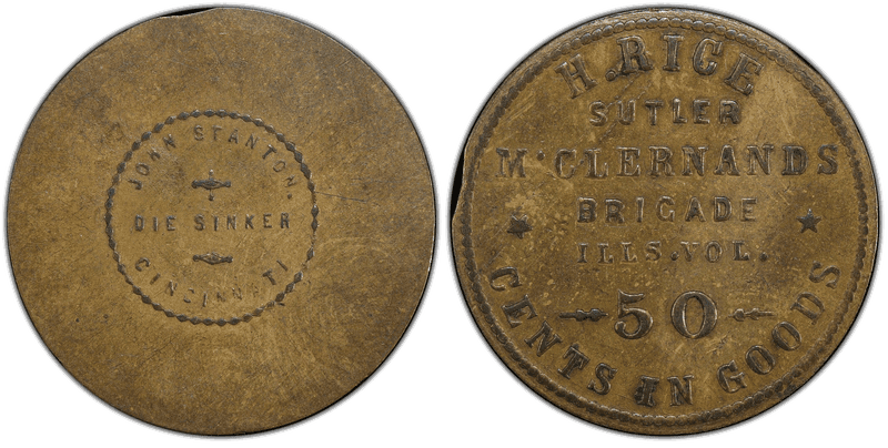 (1861-65) Brass Civil War Sutler Token MB-50B, H. Rice-John Stanton