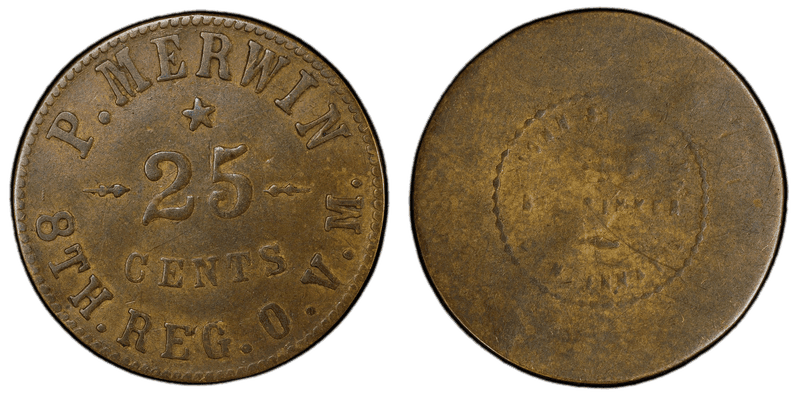 (1861-65) Brass Civil War Sutler Token S-8-25B, P. Merwin