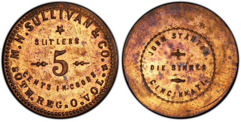 (1861-65) Brass Civil War Sutler Token S-50-5B, M.H. Sullivan & Co.