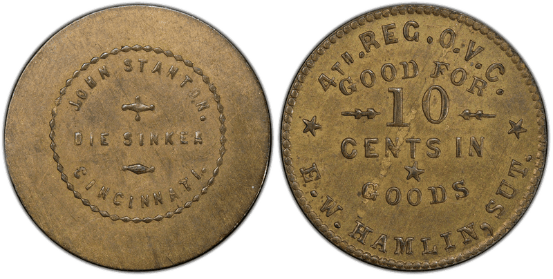 (1861-65) Brass Civil War Sutler Token S-4a-10B, E.W. Hamlin-John Stanton