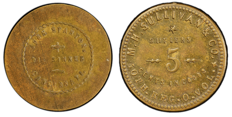 (1861-65) Brass Civil War Sutler Token S-50-5B, M. H. Sullivan & Co.