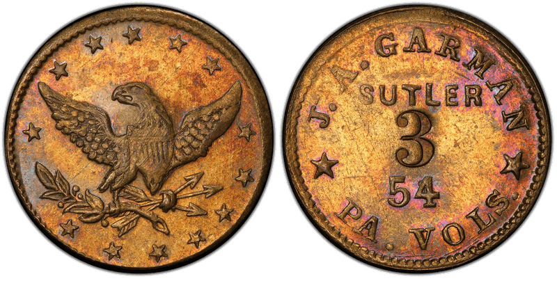 (1861-65) Brass Civil War Sutler Token S-54-3B, J.A. Garman