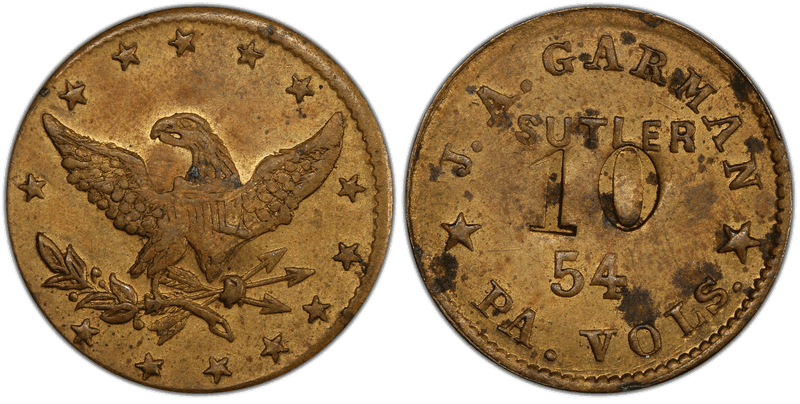 (1861-65) Brass Civil War Sutler Token S-54-10B, J.A. Garman