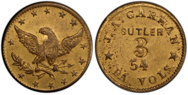 (1861-65) Brass Civil War Sutler Token S-54-3B, J.A. Garman