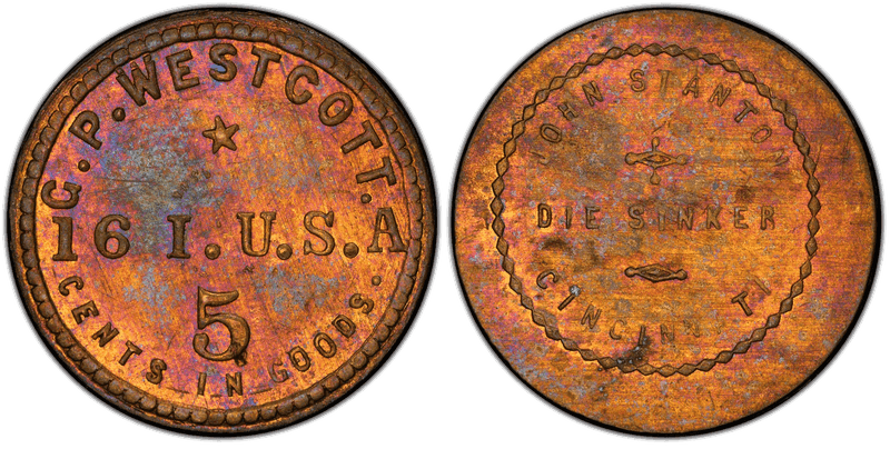 (1861-65) Brass Civil War Sutler Token S-16-5Bb, G.P. Westcott-John Stanton