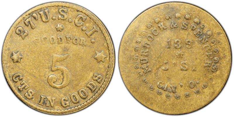 (1861-65) Brass Civil War Sutler Token S-27-5B, Murdock & Spencer