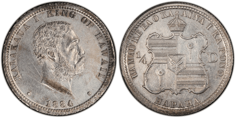 "1884" Hawaiian Fantasy Strike - Quarter Dollar, Platinum (c.1900)