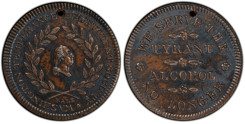 (1841) Copper Token GW-163, Holed Reeded Edge Tyrant Alcohol, 2nd Dies
