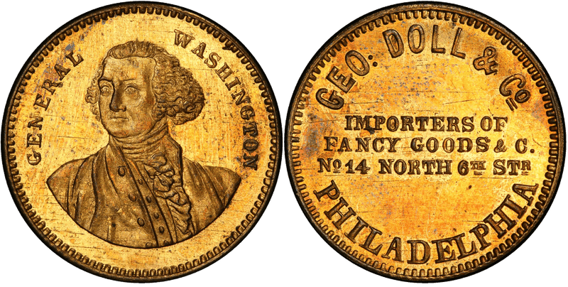 (1860) Brass Token GW-428, Plain Edge George Doll and Co.