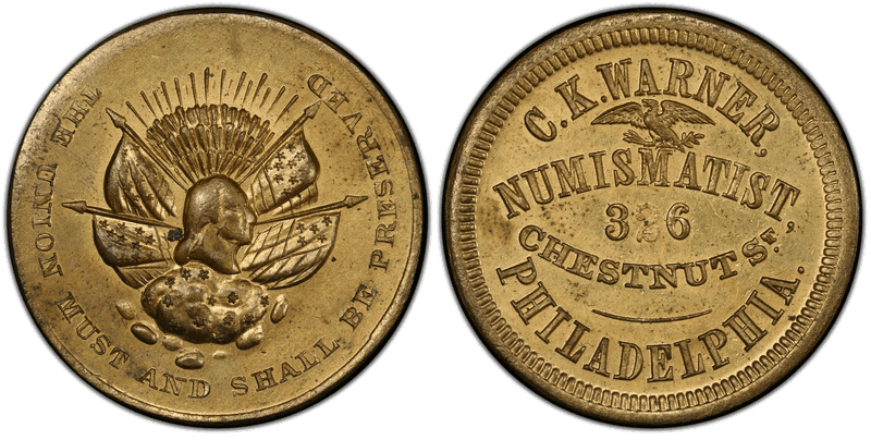 (1864) Brass Token GW-729, Charles K. Warner