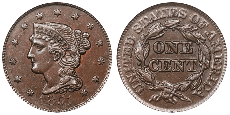 1851 Braided Hair Coronet Head Cent