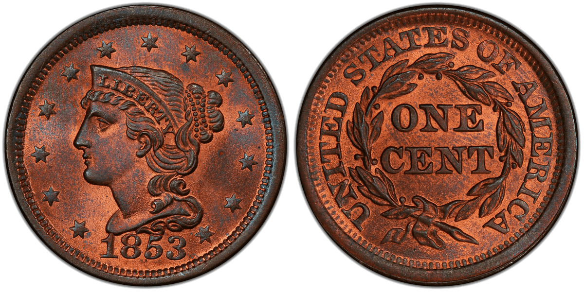 1853 Braided Hair Coronet Head Cent