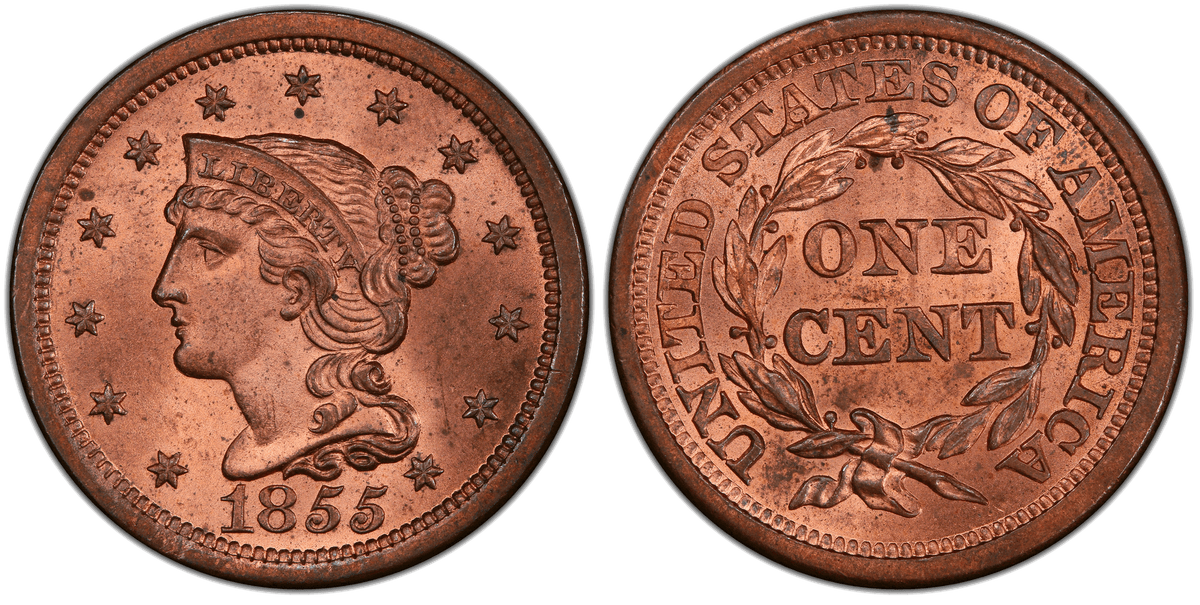 1855 Braided Hair Coronet Head Cent - Slanted 55