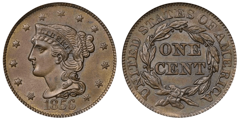 1856 Braided Hair Coronet Head Cent - Slanted 5