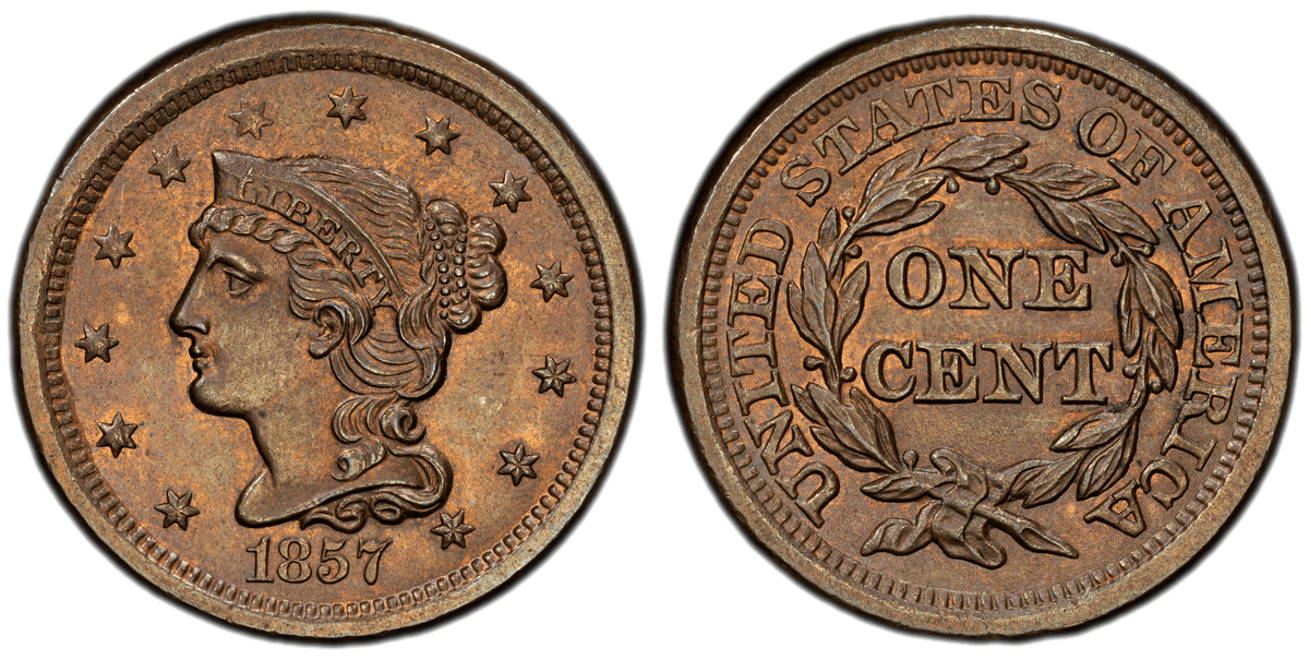 1857 Braided Hair Coronet Head Cent - Small Date