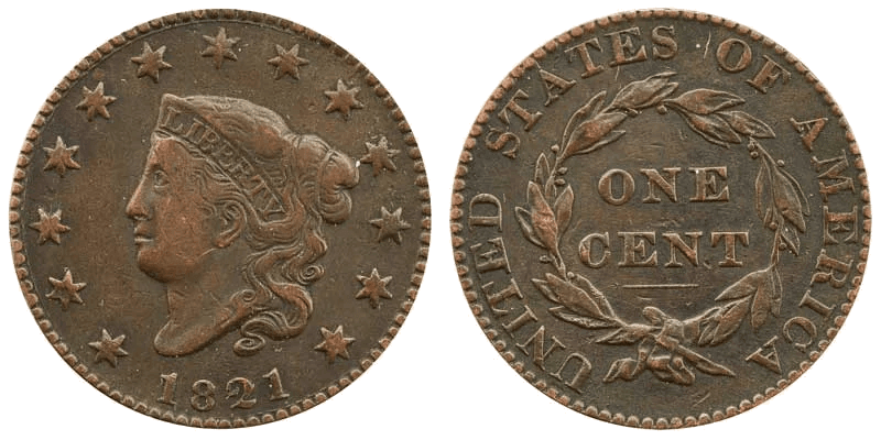 1821 Matron Head Coronet Head Cent Base