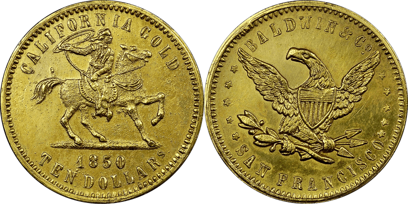 1850 Baldwin & Co. Ten Dollar - White Metal, Gilt Restrike