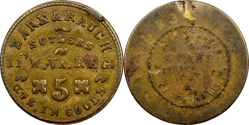 (1861-65) Brass Civil War Sutler Token S-11-5Ba, Bare & Rauch