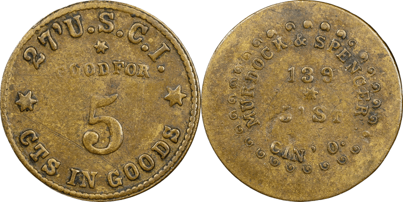 (1861-65) Brass Civil War Sutler Token S-27-5B, John Stanton