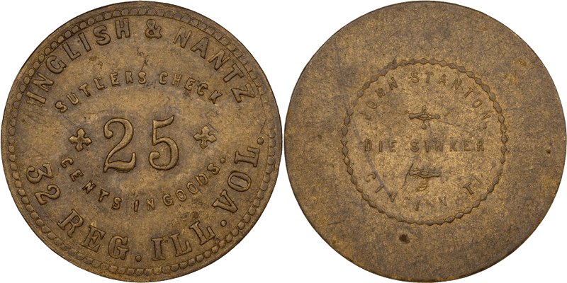 (1861-65) Brass Civil War Sutler Token S-32-25B, Inglish & Nantz