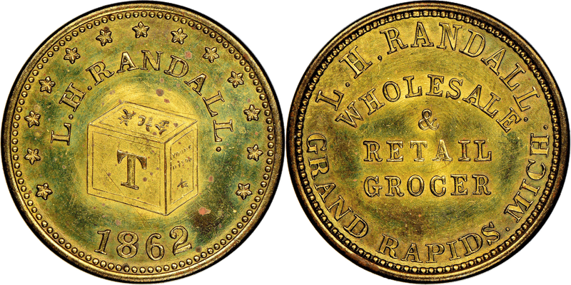 (1862) Brass Civil War Store Card F-370J-1b, L.H. Randall MI